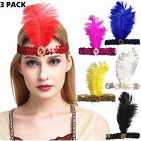 3x 1920s FLAPPER HEADBAND Headpiece Feather Sequin Charleston Costume Gatsby - Assorted Colours Pack thumbnail