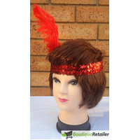 6x 1920s FLAPPER HEADBAND Headpiece Feather Sequin Charleston Costume Party BULK - Red thumbnail