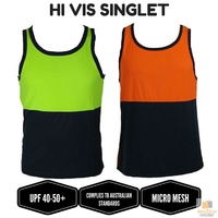 Hi Vis SINGLET Work Wear Safety Tank Top Fluro Micro Mesh UPF50+ High Visibility - Lime - Large thumbnail