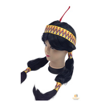Womens Native American Wig w/ Red Feather Pigtail Indian Party Costume Hair thumbnail