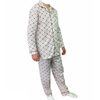 Mens Cotton Pajamas Pyjamas PJs Long Sleeve Shirt Tops + Pants Set Sleepwear - White/Brown - XL thumbnail
