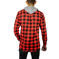Mens Cotton Flannelette Shirt w Jersey Hood Long Sleeve Flannel - Red/Black - M thumbnail