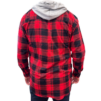 Mens Cotton Flannelette Shirt w Jersey Hood Long Sleeve Flannel - Red - L thumbnail