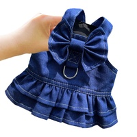 Pet Denim Harness Dress Set (2 Pieces) - M Size (42cm Chest for 5-8 lb Pets) with T-Shirt and Skirt, Bow,and Leash Ring thumbnail