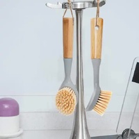 Eco-Friendly Dish Scrub Brush Set - Gray 2 PCS, Natural Bamboo Handle with Durable Bristles, Random Rope Color thumbnail