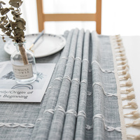 160*100cm Beige Striped Cotton Linen Embroidered Tassel Tablecloth - European & American Pastoral Style for Restaurants thumbnail