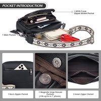 Black Vintage Multi-Zip Crossbody Bag with Card Slots and Adjustable Strap, Minimalist Solid Color Shoulder Bag thumbnail