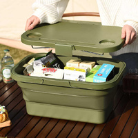 Grey Foldable Outdoor Picnic Basket with Lid and Tabletop, Camping Storage Box, Car-Friendly Organizer thumbnail