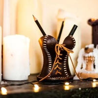 Yellow Leather Corset Pencil Holder - Handmade Vintage Desktop Organizer thumbnail