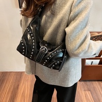Black Vintage Studded PU Leather Shoulder Bag with Adjustable Strap thumbnail