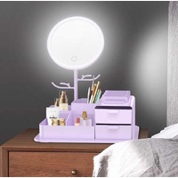 White LED Vanity Mirror with Storage, Rotating Makeup Mirror, USB Rechargeable Desktop Organizer thumbnail