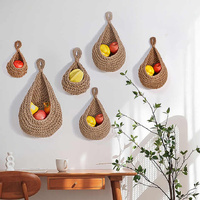 Khaki 3-Piece Wall-Mounted Cotton Rope Storage Baskets – Large, Medium, and Small Hand-Woven Fruit/Vegetable/Storage Nets (Large weight 300g, Medium w thumbnail