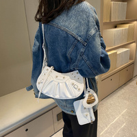 White Vintage Rivet Crescent Moon Bag with Card Holder & Mirror, French Retro PU Leather Shoulder & Crossbody Motorcycle Bag for Women thumbnail