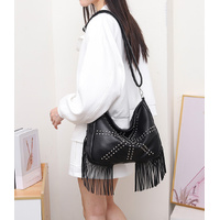 Black Trendy Rivet Fringe Shoulder Bag – Large Capacity Soft Leather Handbag for Women, Perfect for Travel and Leisure thumbnail