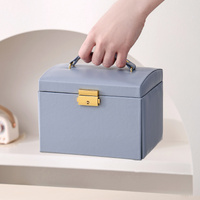 Light Blue Luxury PU Leather Jewelry Storage Box - 3-Tier Organizer with Mirror for Necklaces, Earrings, and Rings(Jewelry is a photo prop and is not  thumbnail