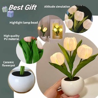 Blue Flowers USB Tulip Night Light - Bedroom Decor Table Lamp with PU Flowers & Ceramic Pot, Perfect Gift for Family & Friends thumbnail