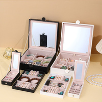 White Luxury Quilted Jewelry Storage Box with Mirror and Multi-Layer Compartments thumbnail