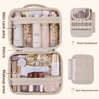 Brown Portable PU Leather Makeup Bag with Detachable Divider - Travel Cosmetic Organizer thumbnail