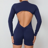 S Grey Backless Scrunch Butt Workout Jumpsuit - Long-Sleeve Open-Back Yoga Romper thumbnail