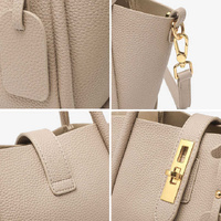 Beige Genuine Leather Women's Handbag - Stylish Bucket Bag with Top Handle and Crossbody Strap thumbnail
