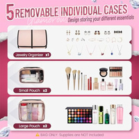 Pink 4-in-1 Travel Cosmetic Organizer Bag with Detachable Polyester Storage Boxes and Jewelry Roll, Multiple Compartments, Portable Makeup Bag thumbnail