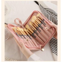 White Portable Shell Makeup Brush Storage Bag - Multi-Functional PU Cosmetic Organizer with Button Closure, Convertible to Stand Design(Make-up brushe thumbnail