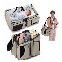 Grey-Brown Patchwork Multifunctional Foldable Baby Crib Mommy Bag | Large Capacity Diaper Bag | Portable Shoulder and Handheld Baby Essentials Bag thumbnail