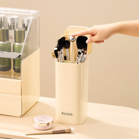 Cream Yellow Automatic Lifting Makeup Brush Holder with 4 Compartments, Large Capacity Cosmetic Brush Organizer(Makeup brushes are shooting props and  thumbnail