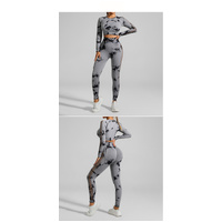 Light Gray Size L Tie-Dye Yoga Set Long Sleeve Butt Lift Leggings Seamless Workout Training Gym Clothes thumbnail