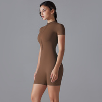 Brown Size XL Women's Summer Zip-Up Bodysuit - Short Sleeve, High Stretch Yoga & Dance Outfit, Breathable Fitness Wear thumbnail