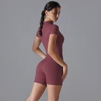 Dark Red Size XL Women's Summer Zip-Up Bodysuit - Short Sleeve, High Stretch Yoga & Dance Outfit, Breathable Fitness Wear thumbnail