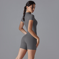 Dark Grey Size M Women's Summer Zip-Up Bodysuit - Short Sleeve, High Stretch Yoga & Dance Outfit, Breathable Fitness Wear thumbnail
