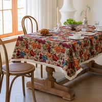 Floral Cotton Linen Tablecloth | Vintage Style Country Garden Design, 140*140cm thumbnail
