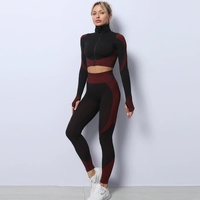 Black+Red High Waist Yoga Set for Women - Sports Bra, Long Sleeve Shirt & Leggings 3-Piece Workout Set Size M thumbnail