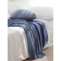 Blue Cozy Knit Throw Blanket with Fringe - Stylish Striped  Bed End Cover, 127x220CM thumbnail