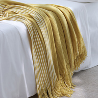 Yellow Cozy Knit Throw Blanket with Fringe - Stylish Striped  Bed End Cover, 127x220CM thumbnail