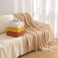 Beige Premium Woven Knitted Throw Blanket with Tassels | Soft, Cozy Sofa & Bed Blanket, Perfect for Office or Afternoon Naps 127x172cm thumbnail