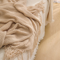 Khaki Premium Woven Knitted Throw Blanket with Tassels | Soft, Cozy Sofa & Bed Blanket, Perfect for Office or Afternoon Naps 127x172cm thumbnail
