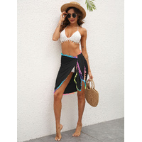 Black Summer Sun Protection Sarong - Women's Beach Cover-Up with Tassels 68x163cm thumbnail