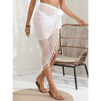 White Women's Mesh Detail Beach Wrap - Tassel Trim Swim Cover-Up 95x195cm thumbnail