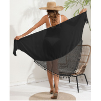 Black Women's Mesh Detail Beach Wrap - Tassel Trim Swim Cover-Up 95x195cm thumbnail