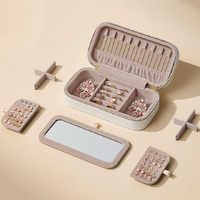 White Dual Zipper Portable Jewelry Box with Mirror - Travel Jewelry Organizer thumbnail