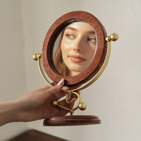 Silver and Brown Vintage Solid Wood Makeup Mirror - 360° Rotation Desktop Vanity Mirror thumbnail