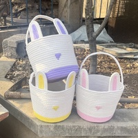 Green And White Stitching Charming Easter Egg Tote Basket - Cute Rabbit-Themed Handwoven Cotton Rope Candy Holder thumbnail