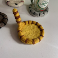 2 Pcs Yellow Handmade Wool Felt Cat Coasters - Cute Tiger Design, Heat-Resistant Table Mats thumbnail