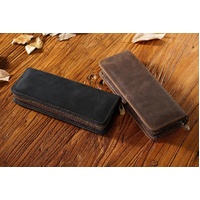 Blue Genuine Leather Pencil Case - Vintage Zip-Up Pen Holder with Elastic Loops thumbnail