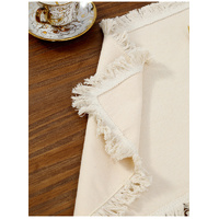 4 PCS Beige Cotton Linen Placemat with Fringe - Solid Color Table Mat for Dining (30x30cm) thumbnail