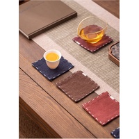 Navy Blue Chinese Style Linen Coasters - Set of 4, Hand-Embroidered Tea Mats (9x9cm) thumbnail