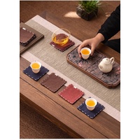Brown Chinese Style Linen Coasters - Set of 5, Hand-Embroidered Tea Mats (9x9cm) thumbnail