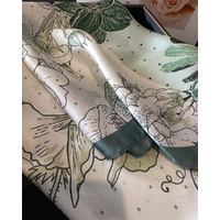 Green Pure Silk Scarf - Elegant Flower Design, Square Handkerchief (Style 3) thumbnail